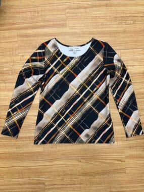 Sara Campbell Art to Wear Plaid Knit Top Long Sleeve Navy Cream Size M